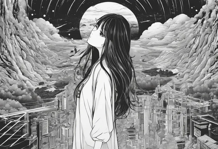 Landscape orientation，quadratic element，black andwhite，horror film poster，Illustration of front-view shot，Long-haired girls