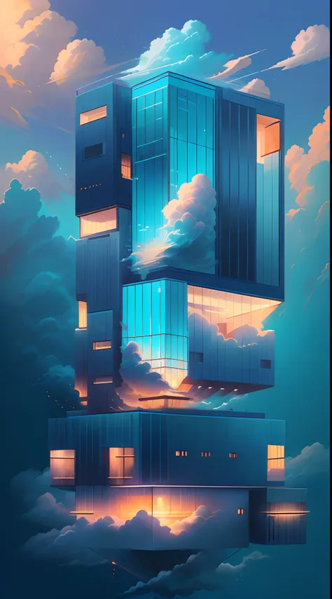 suspended buildings，sense of science and technology，cool,sea of clouds，blue-sky，