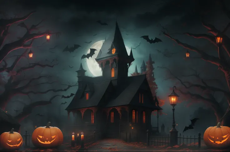 (best quality,4k,8k,highres,masterpiece:1.2),horror,illustration,Halloween theme,scary,creepy,spooky,pumpkins,witches,ghosts,moonlight,cobwebs,haunted house,dark shadows,black cats,full moon,bats,foggy atmosphere,dead trees,mystical,ominous,nighttime,witch...