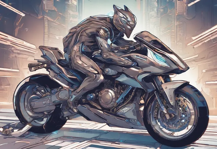 A sleek wolf-shaped motorcycle races through the night sky, its headlights piercing the darkness

This imaginative design combines elements of the supernatural and the mechanical, creating a striking contrast between the organic form of a wolf and the slee...