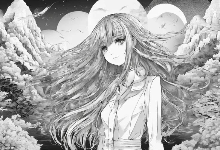 Landscape orientation，quadratic element，black andwhite，horror film poster，Illustration of front-view shot，Long-haired girls