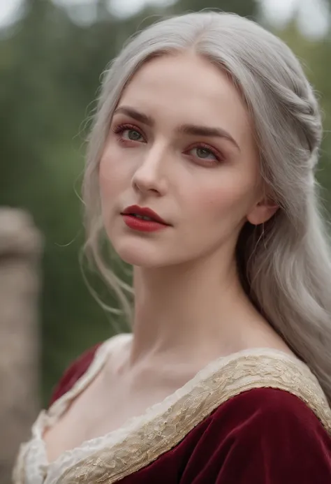 (((A deep red wound ran down his left cheek))) white complexion, A woman around 19 years old, Natural gray hair, Unique green eyes, Wear Cole, Slender and graceful, Beautiful, Candlelight in a medieval setting, super sharp focus, Realistic shooting, Mediev...