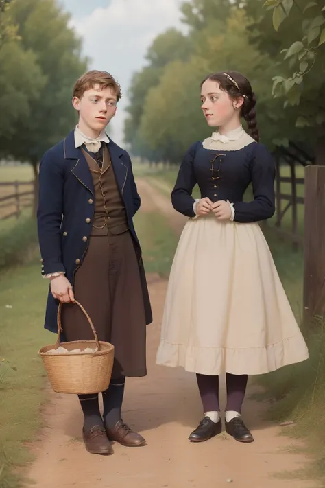 year: 1855. Location: Rock Island, Illinois. Pre-Raphaelite scene with a (((12-year-old George MacKay))), with a 15-year-old girl, talking, happy, ((((rural Clothing from the 1850s)))) ((Hairstyle of the 1850s)), ((("OMITB" cinematography)))