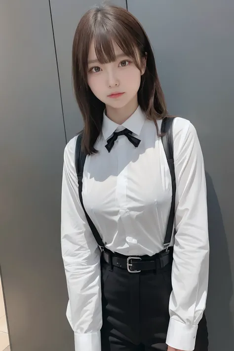 ​masterpiece、flat-colors、depth of fields、lens flare 1 girl、、Brown hair、watching at viewers　　　　a belt　black suspenders　Social OL　　　huge-breasted　　　 　 Armpit sweat　perspiring　Side of both hands　　walls: Black Suit　Black pants, Black jacket holster　arm　Leg hol...