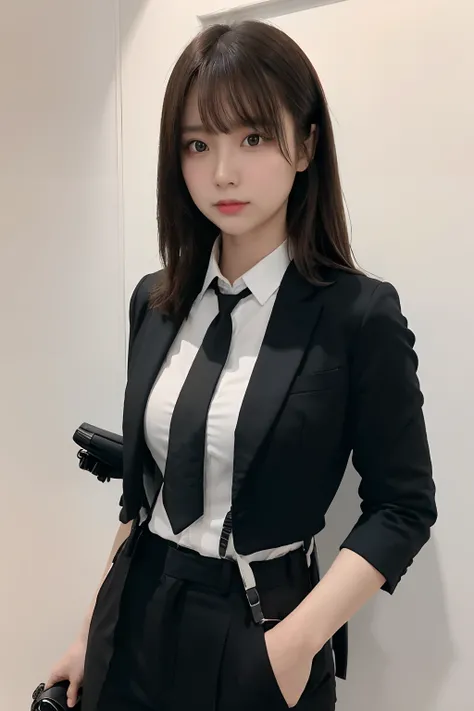 ​masterpiece、flat-colors、depth of fields、lens flare 1 girl、、Brown hair、watching at viewers　　　　a belt　black suspenders　Social OL　　　huge-breasted　　　 　 Armpit sweat　perspiring　Side of both hands　　walls: Black Suit　Black pants, Black jacket holster　arm　Leg hol...