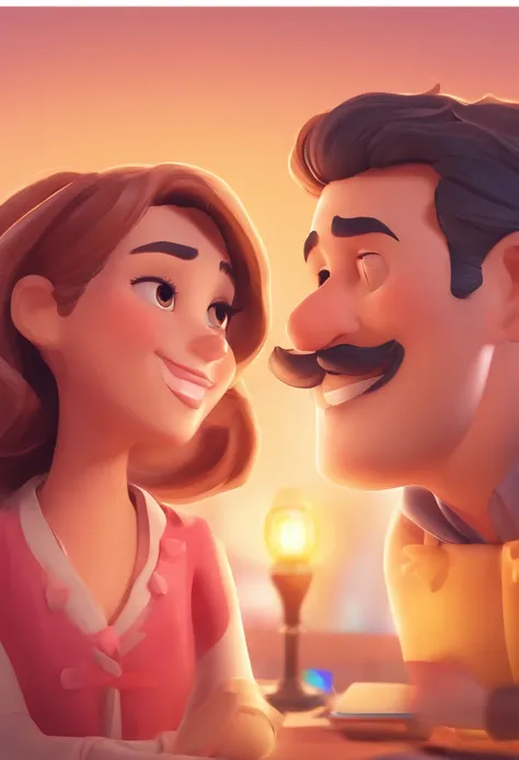 An illustration of an adorable couple, Destacando um homem e uma mulher com beleza, Expressive eyes – the mans hair is straight and brown and he has a mustache and goatee , While the womans hair is tied up in a bun and blonde. They are a bright space, Todo...