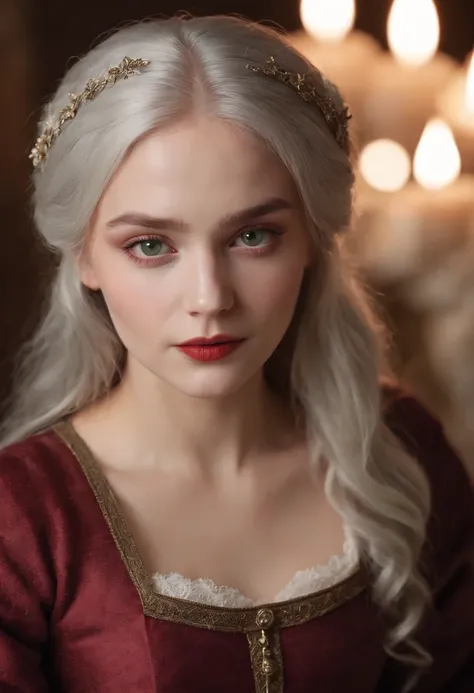 (((A deep red wound ran down his left cheek))) white complexion, A woman around 19 years old, Natural gray hair, Unique green eyes, Wear Cole, Slender and graceful, Beautiful, Candlelight in a medieval setting, super sharp focus, Realistic shooting, Mediev...