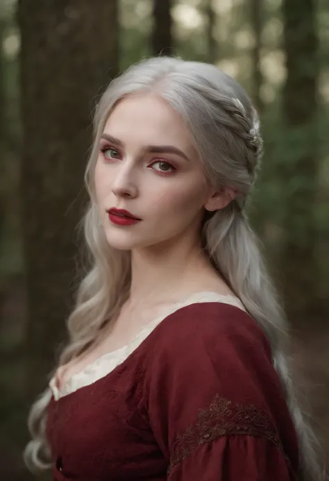 (((A deep red wound ran down his left cheek))) white complexion, A woman around 19 years old, Natural gray hair, Unique green eyes, Wear Cole, Slender and graceful, Beautiful, Candlelight in a medieval setting, super sharp focus, Realistic shooting, Mediev...