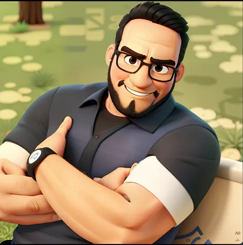 Poster no estilo Disney pixar, alta qualidade, melhor qualidade, homem, 30 anos cabelo preto barba desenhada preta, musculoso, com fundo em uma