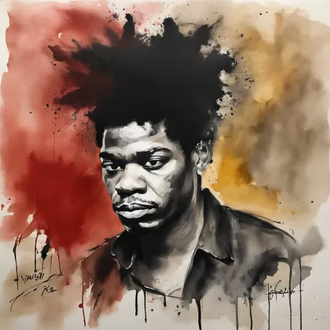 Painting of a man with a messy hair and a red shirt, inspirado em Syd Barrett, Jimi Hendrix, par Alton Tobey, neo expressionismo arte, apenas 3 / 4 retrato, Jean Michel Basquiat, Jean: Michel Basquiat, Jimi Hendrix Corpo Inteiro, inspirado em Jean-Michel B...