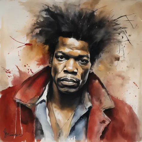 Painting of a man with a messy hair and a red shirt, inspirado em Syd Barrett, Jimi Hendrix, par Alton Tobey, neo expressionismo arte, apenas 3 / 4 retrato, Jean Michel Basquiat, Jean: Michel Basquiat, Jimi Hendrix Corpo Inteiro, inspirado em Jean-Michel B...