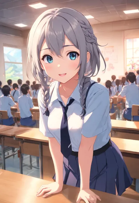 (masterpiece, best quality:1.4), (beautiful, perfect, delicate, detailed eye, intricate, aesthetic:1.2), Cute girl, Little cute, small tits, Silver hair, in circular braids, twin braid hair, bangs, angry evil laugh, blush, short-sleeved white shirt, bluish...