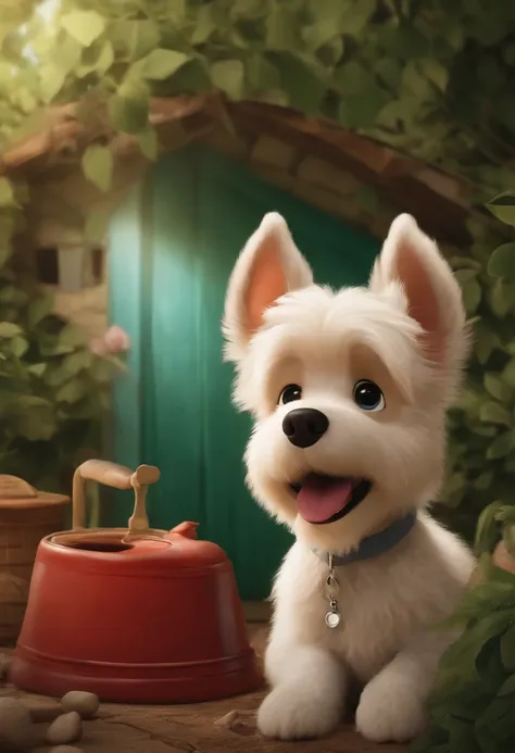 Create a poster inspired by Disney Pixar movies, cachorro caniche blanco, Cachorro triste dentro de una casita de madera. El cartel se titula "Pipo en busca del hogar perdido" El arte digital debe estar al estilo de Pixar, Con reminiscencias de un largomet...