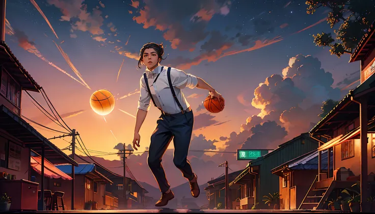 the sunset，eventide，middle parted hairstyle，Suspenders，Right-handed basketball，meteors（Swipe right），styled（Your name），A small lychee tree in the back