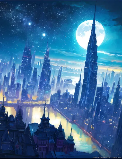 the met、Painting of a river with stars and moon in the sky、the met、Shining skyscrapers、Shine across the board、Skyscrapers、Concept art inspired by Mitsuoki Tosa、pixiv contest winners、top-quality、Fantasyart、beautiful anime scene、Bright moon、Moonlit star envi...