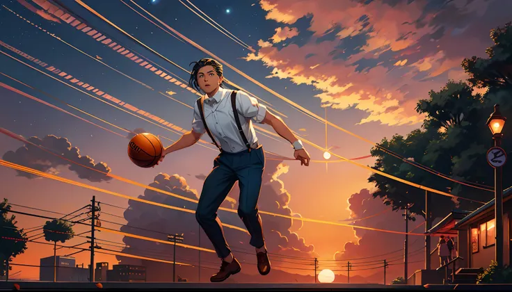 the sunset，eventide，middle parted hairstyle，Suspenders，Right-handed basketball，meteors（Swipe right），styled（Your name），A small lychee tree in the back