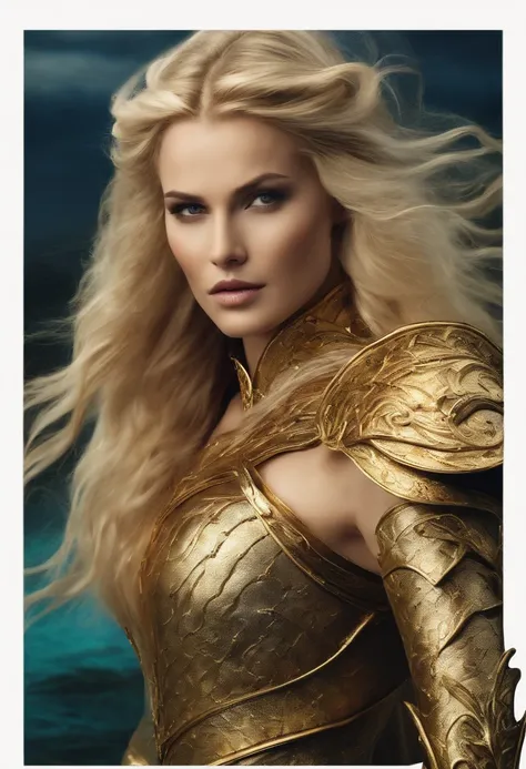 Warrior queen of mermaids, blonde with golden armor, trident hair in the wind