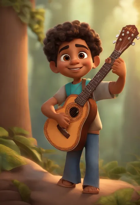 crie um banner no estilo Pixar. A boy with Indian features, moreno pardo com cabelos curtos, Castanhos escuros, Curly and slightly grayish appearance, mas jovem, usando uma camiseta, Wearing jeans and holding a classical guitar with 7 strings.