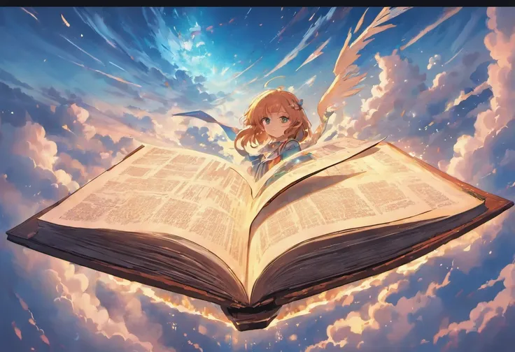 A giant open book floats in the sky, with clouds swirling around its pages