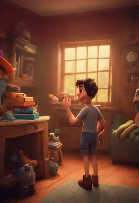 um homem, em breve, barba curta, olhos castanhos, com fones de ouvido, A music studio in the background, Imagem no estilo Pixar, Estilo de filme animado 3D, Disney, camiseta preta