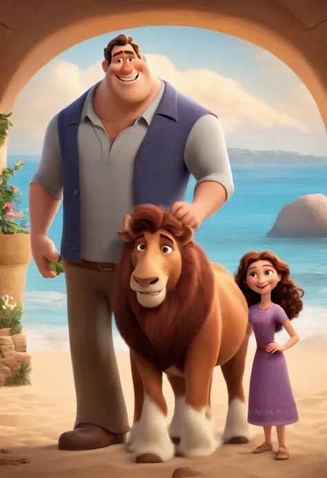 a Disney Pixar movie poster showing a white-skinned family. The father is the tallest, Tem barba curta, loiro, cabelos curtos e espinhosos. The mother has brown eyes and hair, shoulder-length and is slightly overweight. A menina tem 4 anos e cabelos castan...