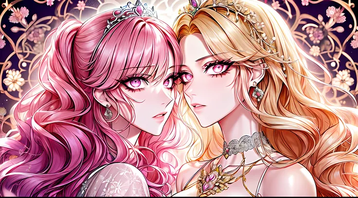 ((shoujo-style, floral background, romance manhwa)), (close up), (2girls aligned:1.2), couple, pink hair, platinum-blonde hair, solo, long hair, flower, dress, thick eyeblows, flower, straight hair, blaid, closed mouth, collarbone, breast, (cleavage), puff...