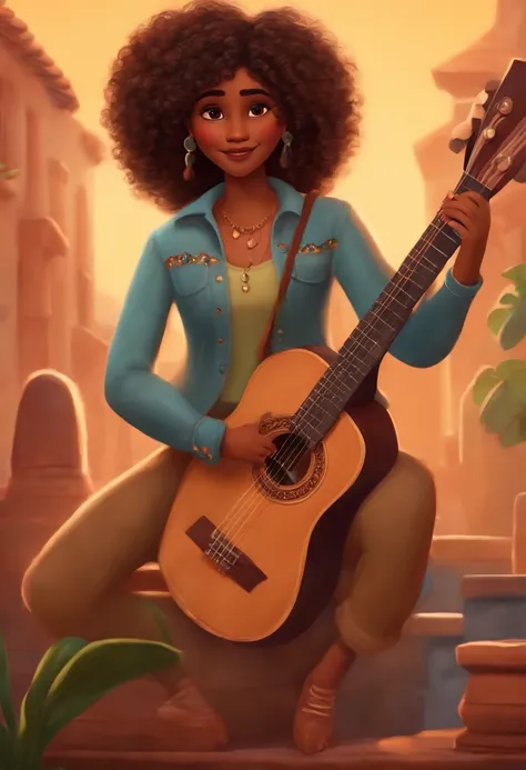 crie um  no estilo Pixar. A girl with indian features, moreno pardo com cabelos curtos, loiro , Curly and slightly grayish appearance, mas jovem, wearing a Wearing jeans and holding a classical guitar with 7 strings.