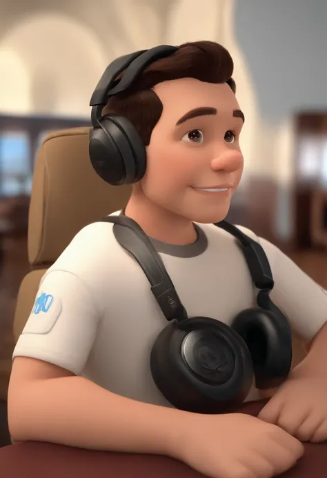 um homem moreno claro, aproximadamente 100 kilos, careca, rosto quadrado, round head, breve, barba curta, olhos castanhos, com fones de ouvido, A music studio in the background, Imagem no estilo Pixar, Estilo de filme animado 3D, Disney, camiseta preta