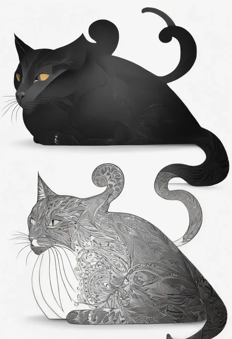 Black silhouette design of one cat，White background，biologically correct，The tail is in the shape of a heart