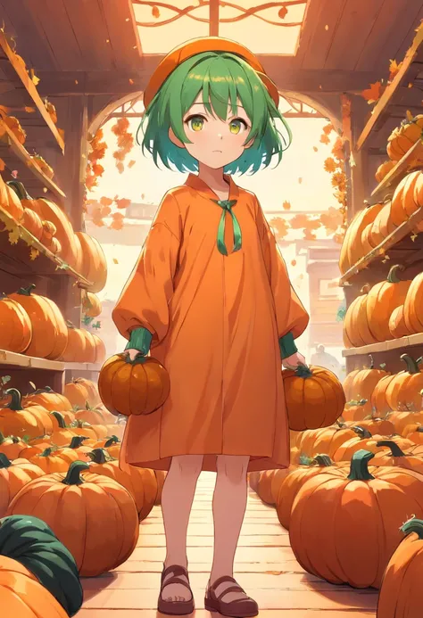 a child girl with short green hair, orange eyes, standing inside a long pumpkin and wear an other pumpkin as a hat