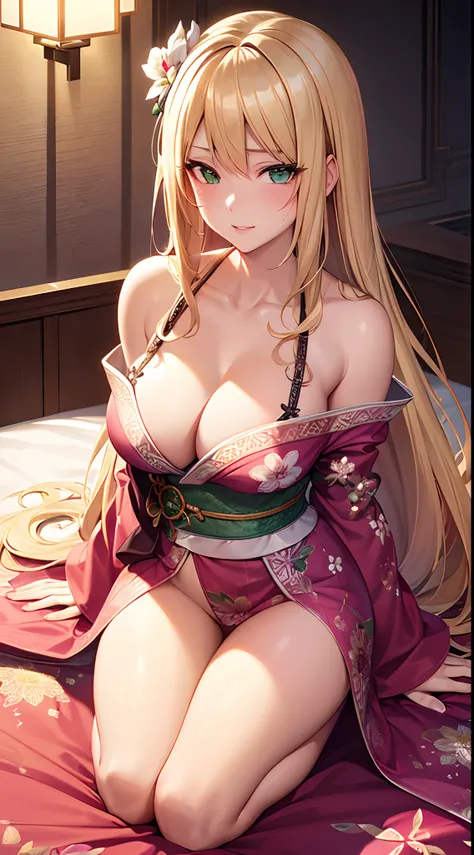 "masutepiece" ((One female)), Long Blonde Hair, Beautiful green eyes, Large chest, Patterned kimono, Kneeling on bed, Seductive smile, Blushing, (Alone), Bare legs, cleavage, tits out, Metallic Silk Kimono, Patterned kimono, flower in hair, Full lips, (shi...