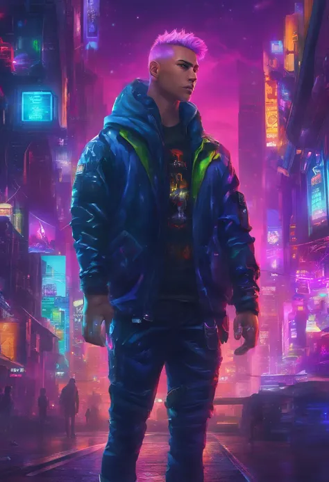 The most beautiful futuristic space boy, rainbow colour hair, a purple eye, Wear a hoodie, graphic t shirt, Ripped skinny jeans and highly refined technologically futuristic gear, Suspended in the future high-tech city，Starcloud，Very detailed background, P...