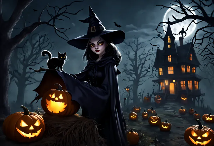 (best quality,4k,8k,highres,masterpiece:1.2),ultra-detailed,(realistic,photorealistic,photo-realistic:1.37),Halloween illustration,witch,in the moonlight,haunted house,spooky trees and fog,dark and mysterious,full moon,creepy pumpkins,jack-o-lanterns,glowi...