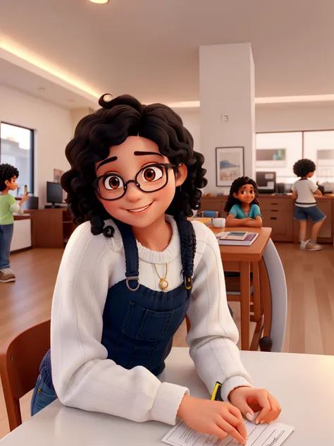 A beautiful girl with medium black curly hair , and Dark eyes in jeans and white knitting smiling,eyeglass, rosto de uma menina oriental, cabelo preto