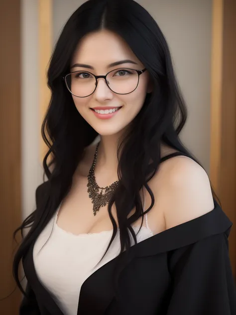 delicate picture, a beautiful girl, long black hair, wavy hairstyles, wearing black-framed glasses, smile, necklace, temperament...