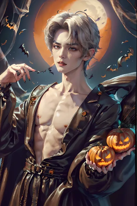 ((4K works))、​masterpiece、（top-quality)、((high-level image quality))、((One Manly Boy))、((Vampire Man))、Slim body、((Fashion of an attractive vampire man))、((Halloween Fashion))、((Halloween costumes))、(Detailed beautiful eyes)、Halloween decorating room、Hallo...