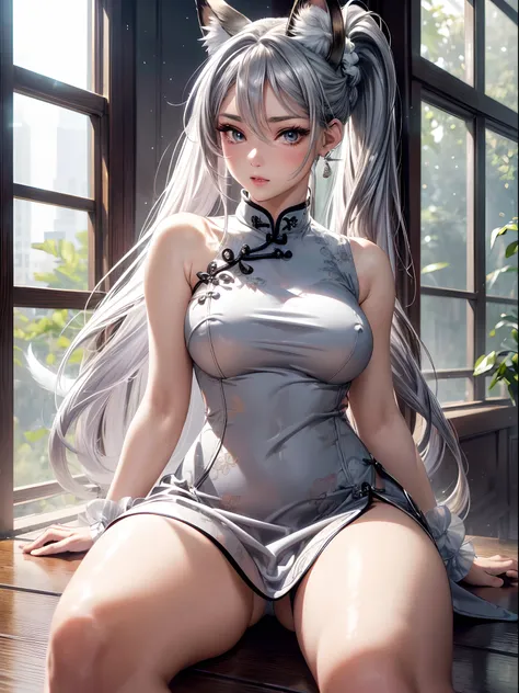 absurderes,(​masterpiece、top-quality、8K ),intricate detailes,ultra-detailliert、1 beautiful pale woman,(silber hair:1.2),((fox ear:1.3)),Long ponytail,Mega Ponytail,(qipao dress:1.3),thighs thighs thighs thighs、long eyelashes,(Beautiful and detailed eyes),G...