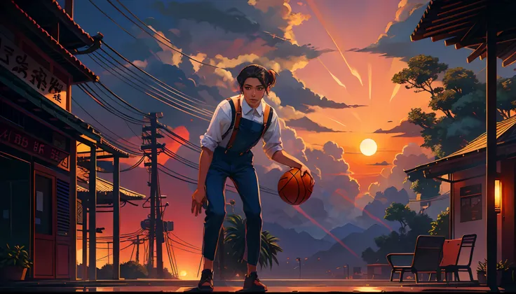 the sunset，eventide，middle parted hairstyle，Suspenders，Left-handed basketball，meteors（Swipe right），There is a small lychee tree in the back