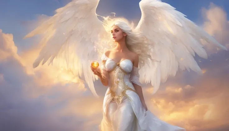 Fantasy Art; Glorious Beautiful angel Seraphin in Heaven; Striking eyes; Shapely body with giant bust; Provoc Fantasy Art; Straight Light White Hair; Sexy; Fantasy in Sky Background; Magically Glowing; UHD