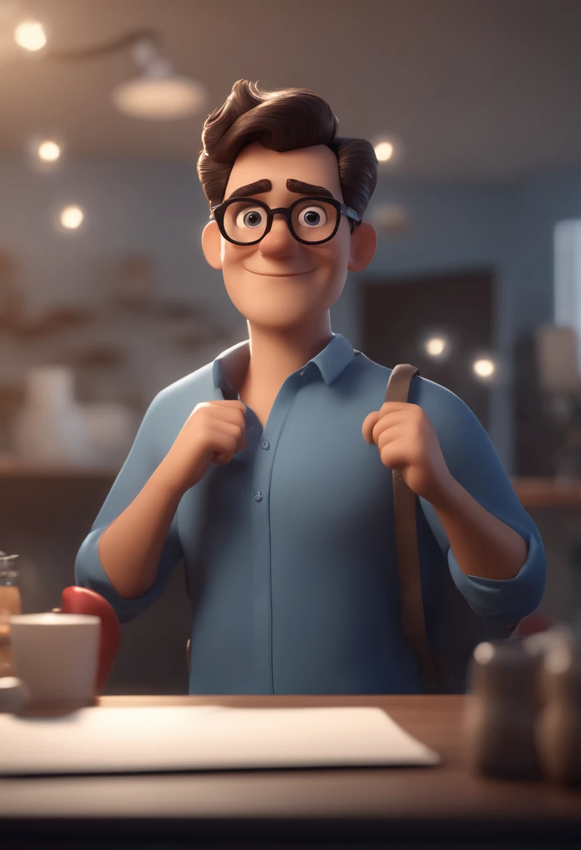 Cartoon character of a young man wearing round gray glasses and a blue shirt, um personagem animado, Caractere estilizado, animation style rendering, 3D estilizado, Arnold Maya render, 3 d render stylized, toon render keyshot, Personagem 3D, Personagem 3D,...