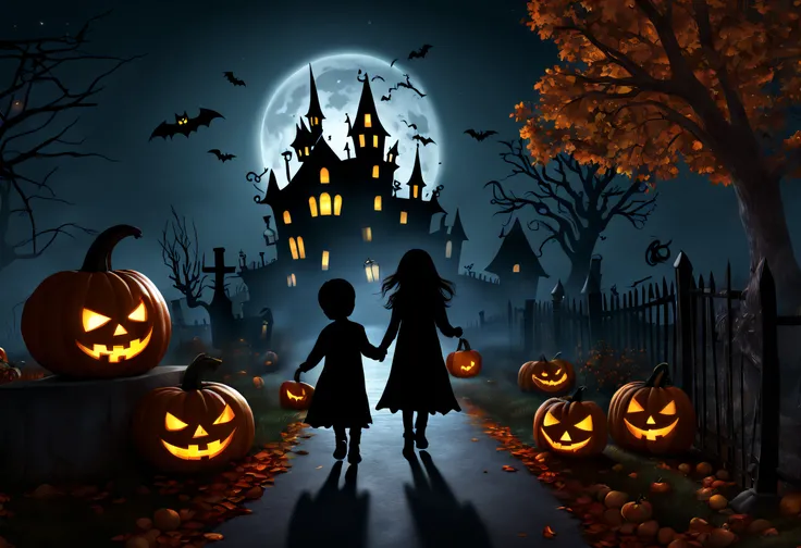 (best quality,4k,8k,highres,masterpiece:1.2),ultra-detailed,(realistic,photorealistic,photo-realistic:1.37),(Halloween illustration:1.2),halloween scene with silhouettes of children and a full moon, halloween, halloween scene, halloween theme, trick or tre...