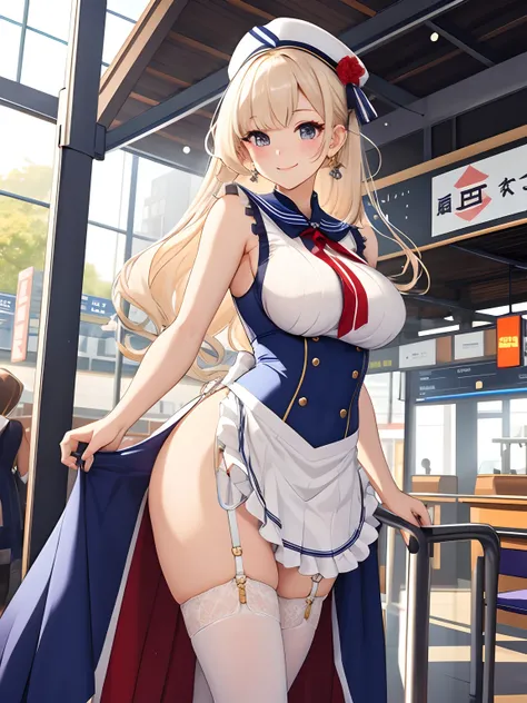 top-quality、realistic touch,high-detail、 Erotic sailor suit、High school students、Long body、Sheer costumes、skirts that are too short、Not wearing underwear、big eye、long lashes、Long upper eyelashes、platinum-blonde、cute little、Beautie、A sexy、Railway Station Pl...