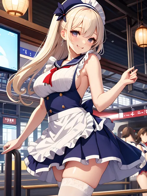 top-quality、realistic touch,high-detail、 Erotic sailor suit、High school students、Long body、Sheer costumes、skirts that are too short、Not wearing underwear、big eye、long lashes、Long upper eyelashes、platinum-blonde、cute little、Beautie、A sexy、Railway Station Pl...