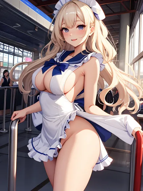 top-quality、realistic touch,high-detail、 Erotic sailor suit、High school students、Long body、Sheer costumes、skirts that are too short、Not wearing underwear、big eye、long lashes、Long upper eyelashes、platinum-blonde、cute little、Beautie、A sexy、Railway Station Pl...