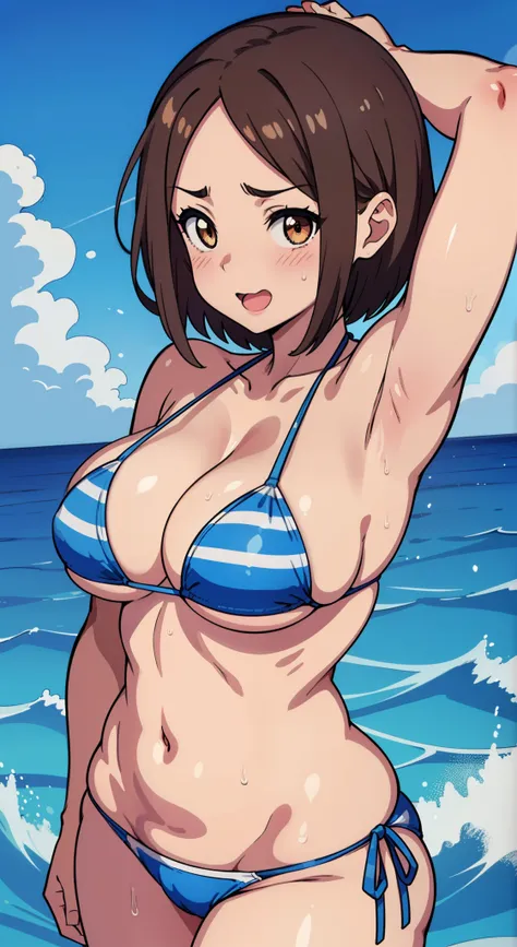 (a closeup、16 K、top-quality、high detailing、rich skin detail、nffsw)、(NSFW)、Watch everywhere、obedience、a matural female、:D、Surprised、Wavy mouth、Sweat、((very Bigger breasts))、Parted bangs、((Blue Stripe Bikini))、A MILF、brown haired、Brown-eyed、(short-hair)、(For...