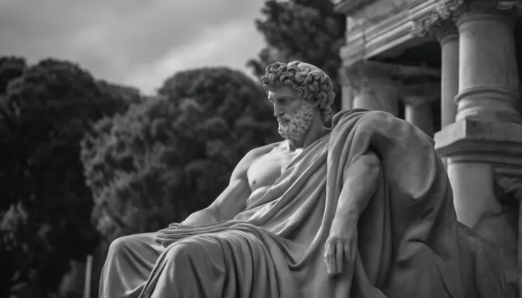 a statue of the Stoic Epicuru in black and white 4K,Face de lado, papel de parede super realista, corpo forte, sem camisa, tronco forte, barriga forte