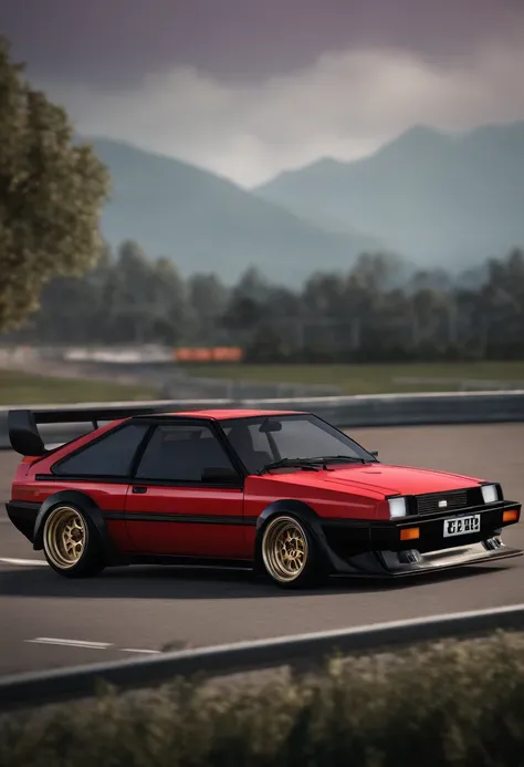 A red car with a black rim and a black hood, carros realistas, ae 8 6, highdetailed, 2K, 2 mil, altamente renderizado!!, WRX Golfe, carro completo, Carro esportivo vermelho dos anos 80, Corpo largo, Frente cheia, hiper realista", hiper realista ", modifica...