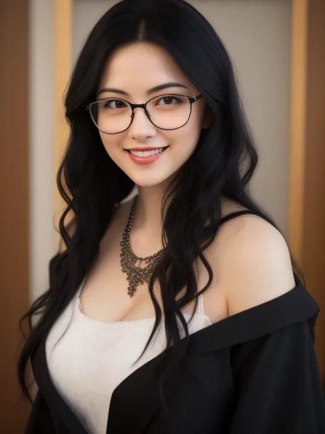 delicate picture, a beautiful girl, long black hair, wavy hairstyles, wearing black-framed glasses, smile, necklace, temperament...