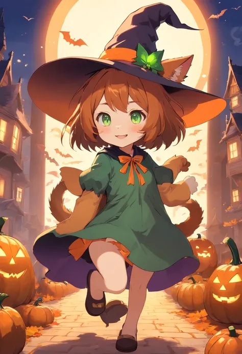 GingerCat in a witchs hat, It has white front paws, And green and brown eyes, pumpkins, Halloween, the bats