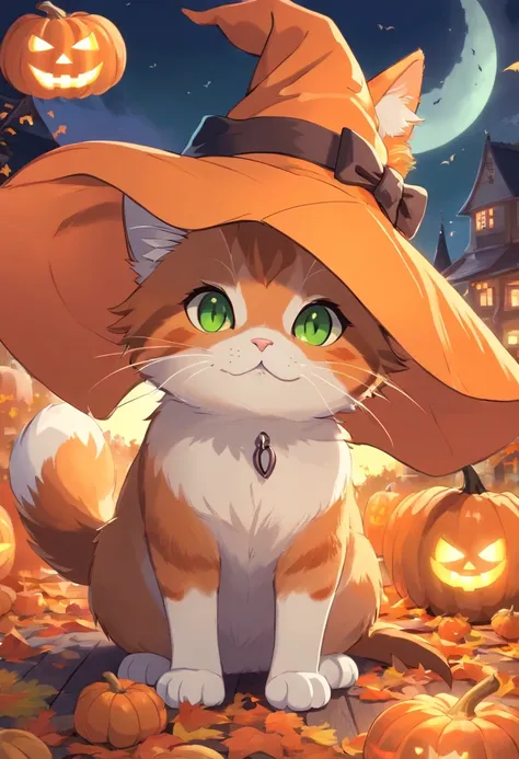 GingerCat in a witchs hat, It has white front paws, And green and brown eyes, pumpkins, Halloween, the bats